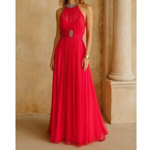 Vintage 1960s Hot Pink Chiffon Evening Gown XS Rhinestone Halter Maxi Dress